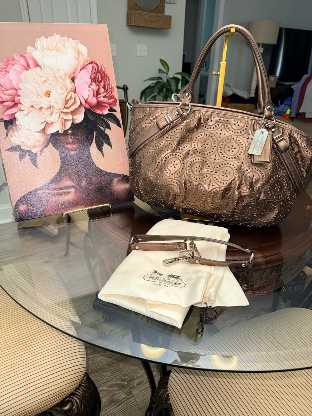 Coach Metallic Bronze Shoulder Satchel with Floral Laser-Cut Design